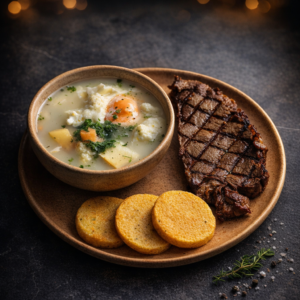 Caldo con huevo + churrasco de res